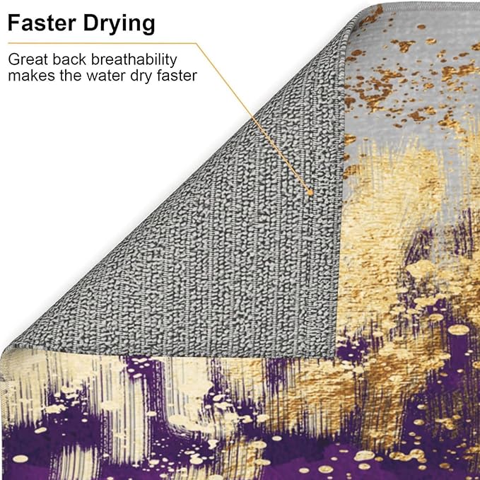 Purple Gold Abstract Art Dish Drying Mat for Kitchen Counter, Absorbent Microfiber Drying Pad for Dishes, Decorative Kitchen Mat for Sink Area & Coffee Bar, Foldable Reversible Purple Decor 16" x 18"