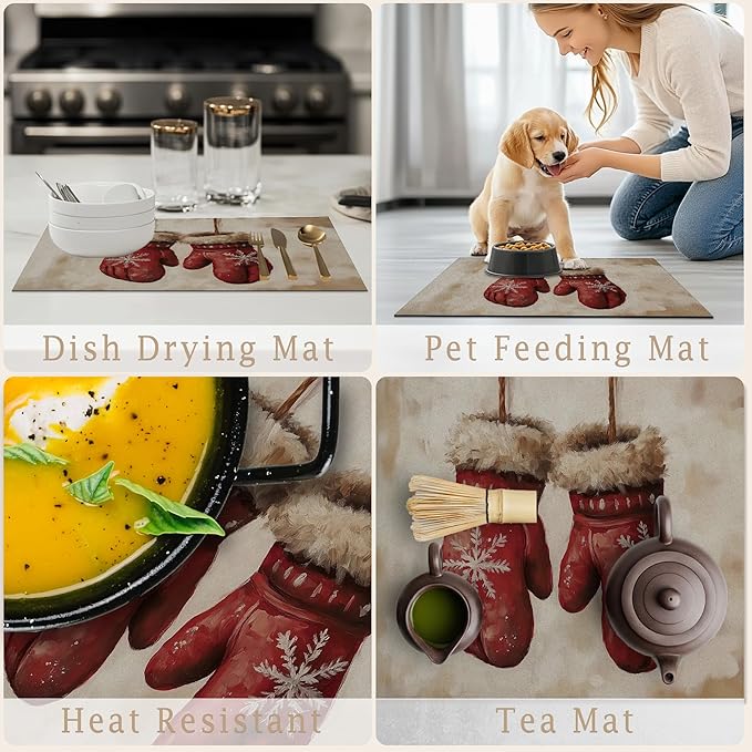 Rustic Christmas Mittens Dish Drying Mat, Vintage Winter Xmas Absorbent Dish Drainer Reusable Washable Drying Mat Pad for Kitchen Counter, Farmhouse Christmas Decor, 12×15 Inch
