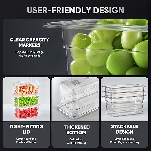 WILPREP 6 Pack Plastic Food Pans with Lids, 1/3 Size 4 in Deep Clear Food Storage Containers, 4.2 qt Stackable Polycarbonate Commercial Hotel Pans for Fruits Vegetables Beans Corns, NSF Listed