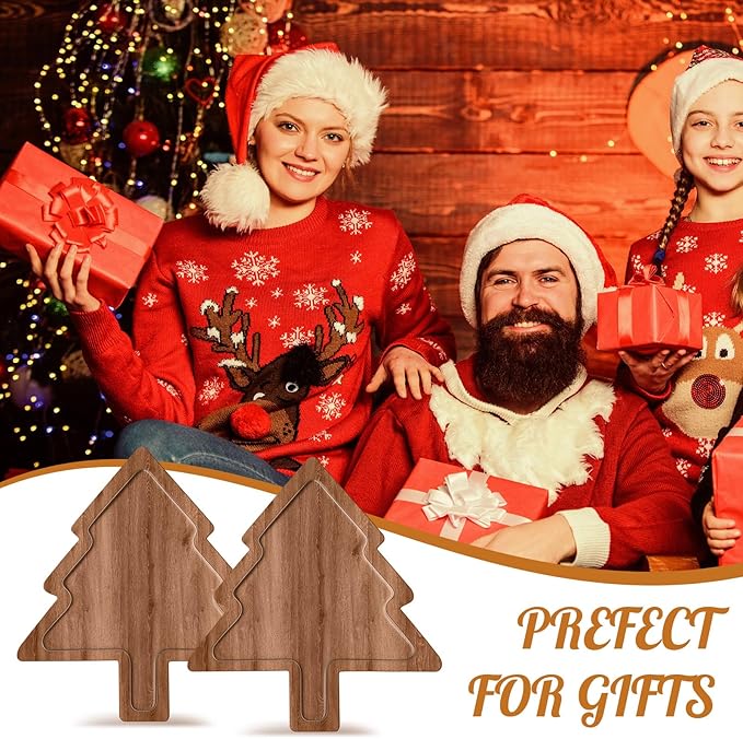 12 Pcs Christmas Appetizer Platter 12 Inch Cutting Board Acacia Serving Trays Wood Charcuterie Board Tray Snack Dessert Candy Dish Plate for Kitchen Gifts (Christmas Tree)