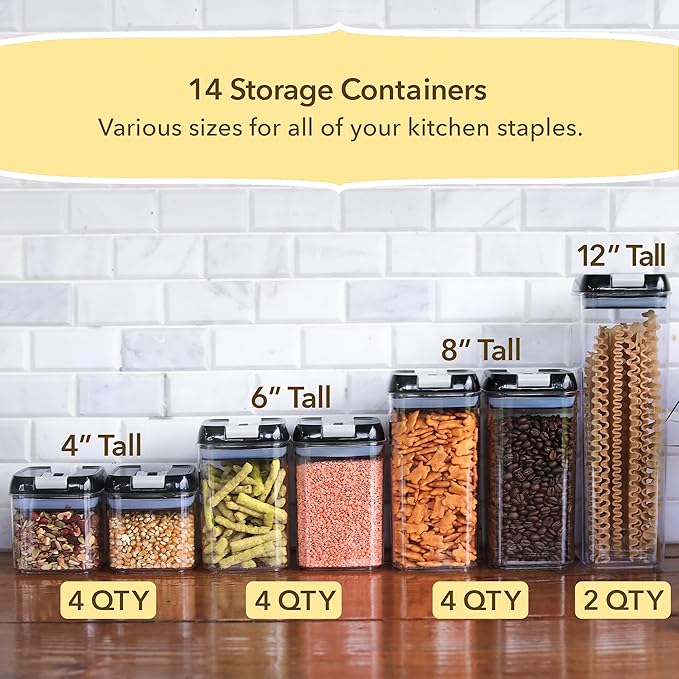Simply Gourmet Airtight Food Storage Containers with Lids – 6 Piece Slim Kitchen Pantry Organization Set, 5 Cup Capacity, BPA-Free Clear Plastic, Stackable Containers for Flour, Sugar, Rice, Snacks