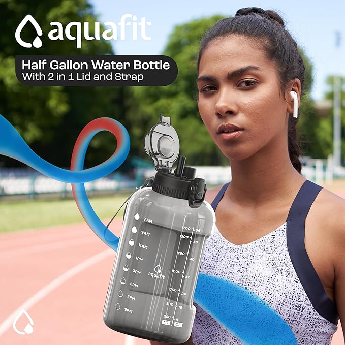 AQUAFIT Half Gallon Water Bottle with Time Marker - Straw & Chug Lid - BPA Free Gym Water Bottle with Straw - Big Gallon Jug (Clarity, 64 oz - 2in1 Lid)