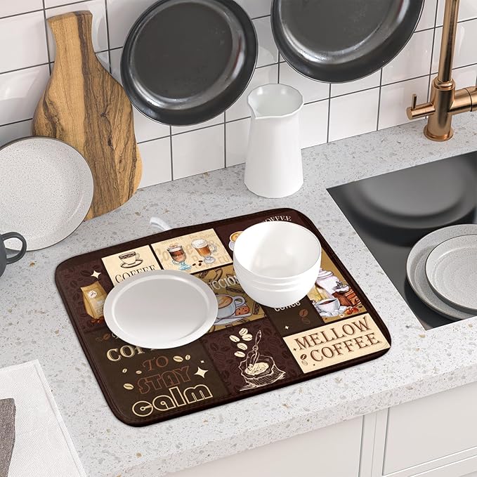 Brown Coffee Dish Drying Mat 16x18 Inch Coffee Cup Espresso Machine Pad Absorbent Washable Dish Rack Pad for Kitchen Counter Cafe Bar
