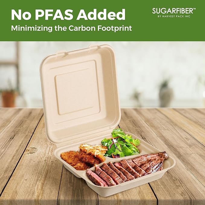 [200 COUNT]Sugarfiber by Harvest Pack PFAS FREE 9 X 9" 3 Compartment Compostable Clamshell Takeout Food Containers, Heavy-Duty Hinged, Disposable Bagasse Eco-Friendly Natural Sugarcane to go Box