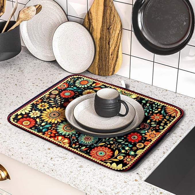 Bohemian Style Flowers Drying Pad Boho Floral Dish Drying Mat for Kitchen Counter Absorbent Microfiber Drainer Rack Mat