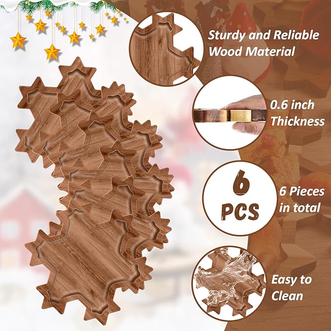 6 Pcs Christmas Appetizer Platter 12 Inch Christmas Cutting Board Acacia Serving Trays Wood Charcuterie Board Tray Snack Dessert Candy Dish Plate for Kitchen Gifts(Snowflakes)