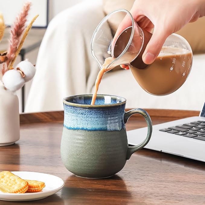 21 oz Large Ceramic Coffee Mugs, Pottery Mug Handmade, Ceramic Tea Cups with Handle for Office and Home, Dishwasher and Microwave Safe (Blue Grey)