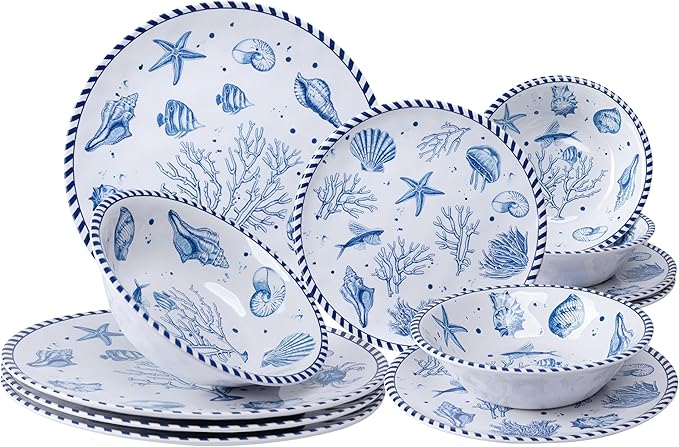 LEHAHA 12-Piece Coastal Melamine Dinnerware Set Service for 4, Unbreakable & Lightweight Round Plates and Bowls Set, Outdoor Dish Set for Patio, Camper, RV, Indoor Outdoor Use with Ocean Printed