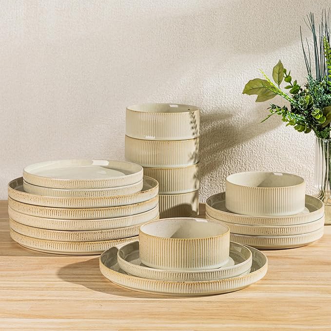 TheTerra Ceramic Dinnerware Sets for 6, 18 Pieces Porcelain Lightweight Speckled Plates and Bowls Sets, Scratch Resistant Dish Set, Oven & Microwave & Dishwasher Safe, Cappuccino