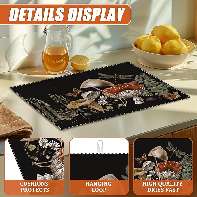 Vintage Mushroom Dish Drying Mat for Kitchen Counter Microfiber Absorbent Dish Kitchen Drying Mat Draining Reusable Washable for Dishes/Utensils/Counterto