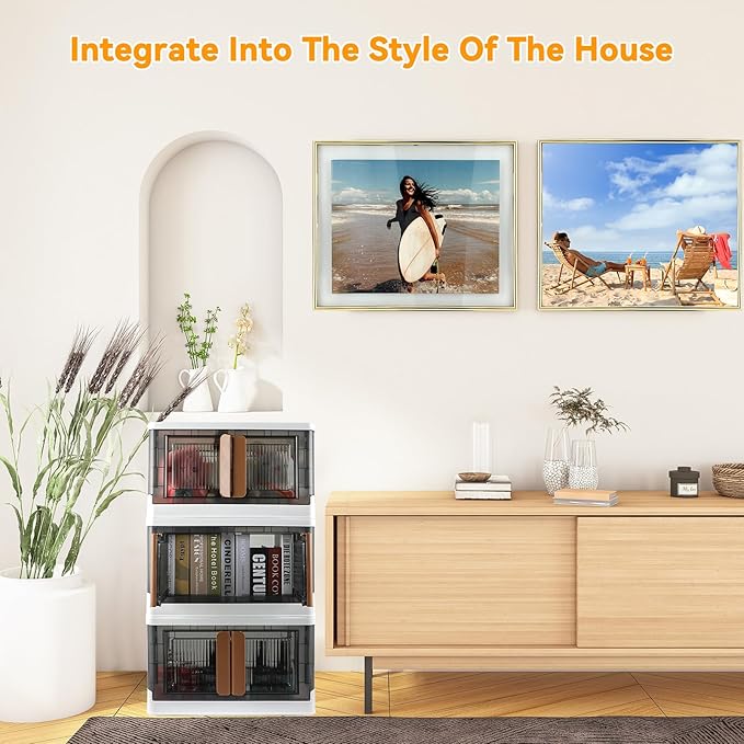 Storage Bins, Cabinet with Lids, 8.4 Gallon Capacity (Per One), 4 Pack, Stackable, With Door And Buckle, Collapsible, Transparent, For Toys, Cloth, Books