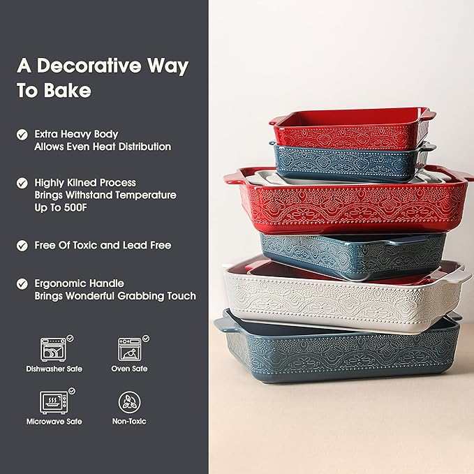 Ceramic Baking Dish Set of 3, Casserole Dishes for Oven, Ideal for Baking, Stewing, Roasting, and Holiday Feasts. The Gift for Mother's Day, Thanksgiving, Christmas, or Housewarming(Christmas Red）