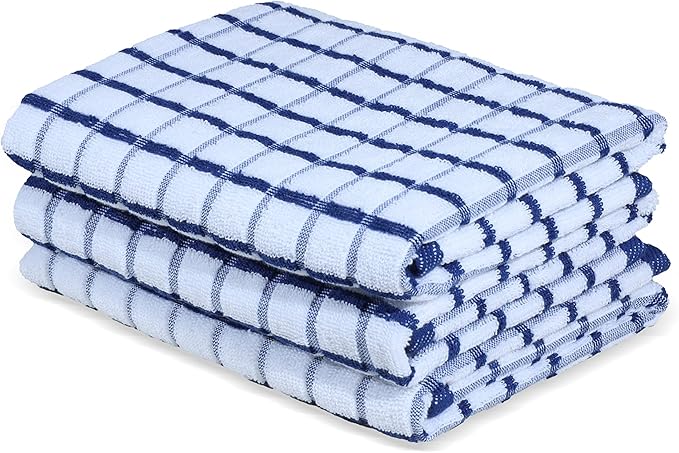 Urban Villa Kitchen Towels Blue/White Set of 3 Terry Kitchen Towels 100% Cotton Ultra Soft Size 20X30 Inches Highly Absorbent Over Sized KitchenTowels with Hanging Loop KitchenTowels
