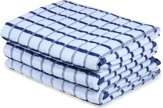 Urban Villa Kitchen Towels Blue/White Set of 3 Terry Kitchen Towels 100% Cotton Ultra Soft Size 20X30 Inches Highly Absorbent Over Sized KitchenTowels with Hanging Loop KitchenTowels