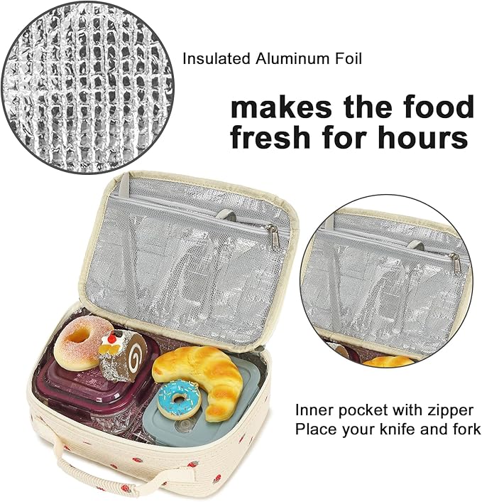 Bluboon Insulated Lunch Bag for Girls & Boys, Corduroy School Lunch Box with Cooler & Organizer Compartments, Leak-Proof Lunch Tote for School, Travel (Corduroy Strawberries Beige)