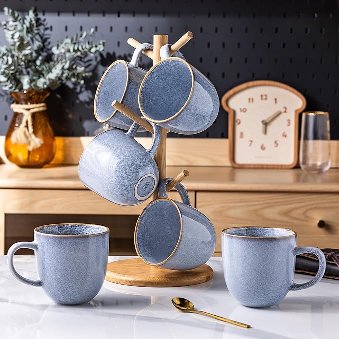 AmorArc 12oz Coffee Mugs, Ceramic Coffee Mugs set of 4 for Man, Woman, Dad, Mom, Modern Coffee Mugs with handle for Latte/Cappuccino/Milk/Cocoa. Dishwasher&Microwave Safe, Blue-Reactive Glaze