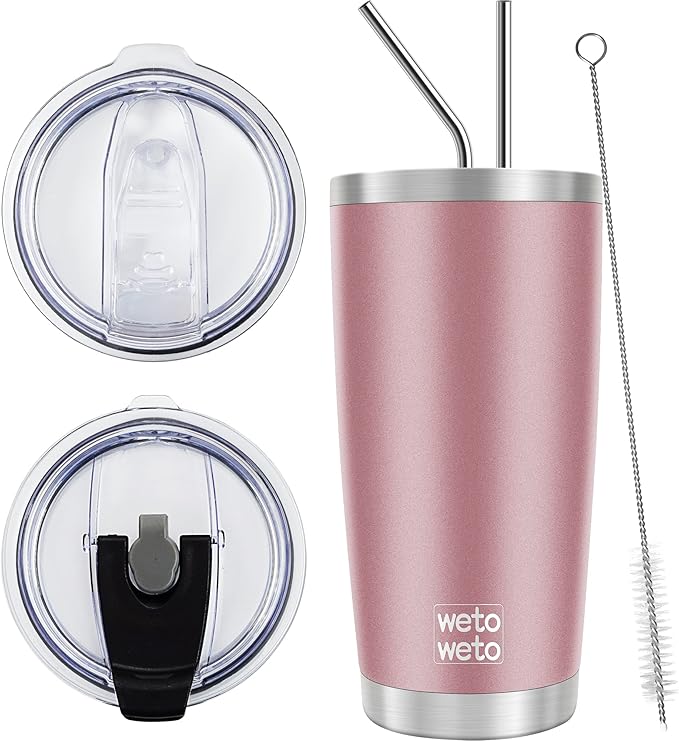 WETOWETO 20oz Insulated Stainless Steel Coffee Mug, Double Wall Vacuum Travel Mug with 2 Lids and 2 Straws, Powder Coated Tumbler Cup (Rose Gold,1)