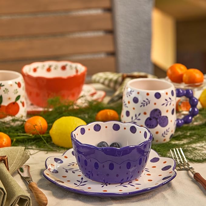 Bico Fruit Pop Scalloped Salad Plates Set of 4, 8.75 Inch Ceramic Dessert Plates for Salad, Appetizer, Side Dishes, Microwave and Dishwasher Safe, Gift for Housewarming and Thanksgiving