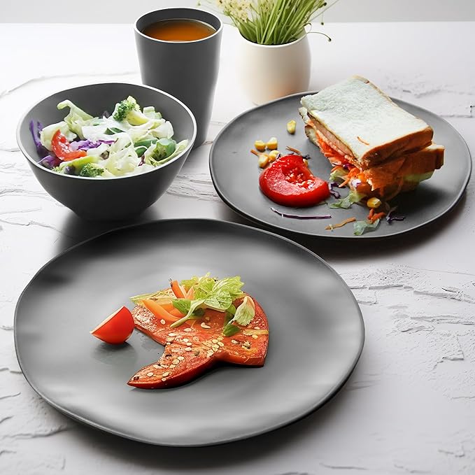 Teivio 32-Piece Kitchen Plastic Wheat Straw Dinnerware Set, Service for 8, Dinner Plates, Dessert Plate,Cereal Bowls,Cups, Unbreakable Plastic Outdoor Camping Dishes,Irregular Deep Gray