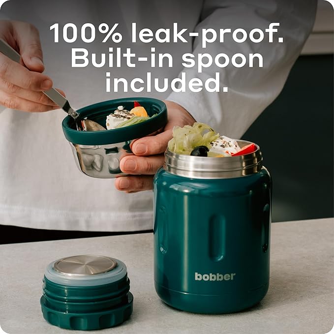 BOBBER 24 oz Wide Mouth Insulated Thermos Food Jar for Soup and Hot Food – Stainless Steel with Built-in Spoon and Bowl – Keeps Hot for 14 Hours, Cold for 20 Hours (Deep Teal)