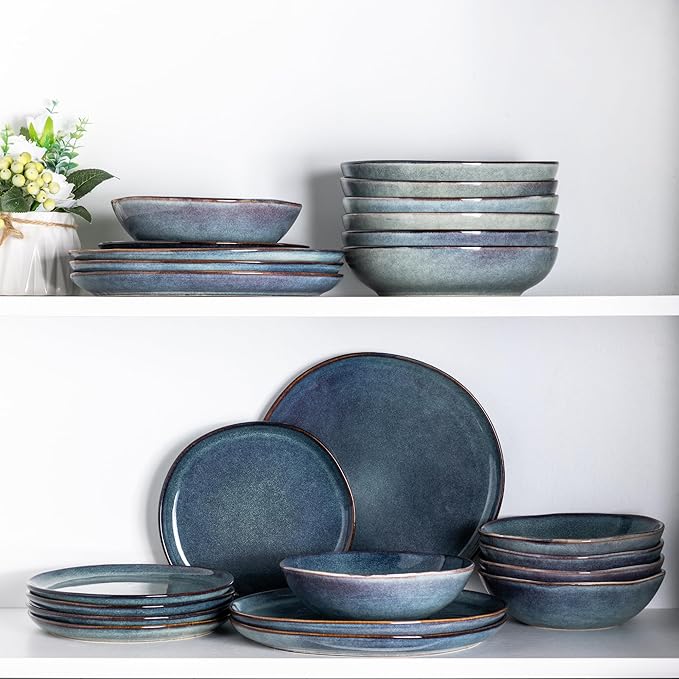 AmorArc Ceramic Dinnerware Sets,Handmade Reactive Glaze Stoneware Plates and Bowls Set,Highly Scratch Resistant | Dishwasher & Microwave Safe,Service for 4 Dishes Set - Reactive Blue(12pc)
