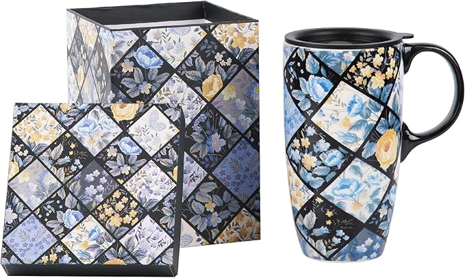Topadorn Ceramic Mug Porcelain Latte Tea Cup Coffee Mug with Gift Box 17oz.Plaid Flower
