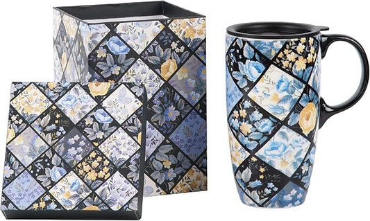 Topadorn Ceramic Mug Porcelain Latte Tea Cup Coffee Mug with Gift Box 17oz.Plaid Flower
