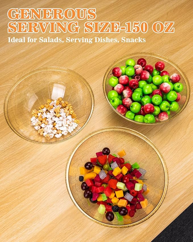 BESTVIP 150oz Glitter Gold Plastic Serving Bowls for Party, 4 Pack 11.6inch Large Disposable Chips Bowl for Salad, Snacks, Candy Dishes for Parties, Christmas, Weddings & Holidays, Events, Reusable