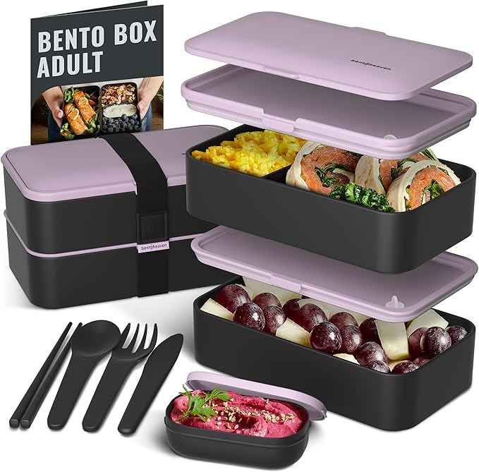 Bentoheaven Premium Bento Box Adult Lunch Box with Compartments for Women & Men, Set of Utensil & Chopsticks & Dip Container, Cute Japanese Kids Bento Lunch Box, Microwavable (Violet Me Go)