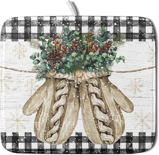 Christmas Dish Drying Mat for Counter 16'' X 18'', Black Buffalo Plaid Snowflake Gloves Dish Drainer Mats Medium Absorbent Fast Dry Microfiber Rack Pads Kitchen Accessories