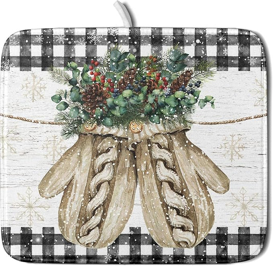 Christmas Dish Drying Mat for Counter 16'' X 18'', Black Buffalo Plaid Snowflake Gloves Dish Drainer Mats Medium Absorbent Fast Dry Microfiber Rack Pads Kitchen Accessories