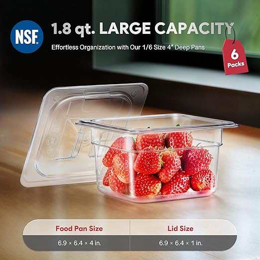 WILPREP 6 Pack Plastic Food Pans with Lids, 1/6 Size 4 in Deep Clear Food Storage Containers, 1.8 qt Stackable Polycarbonate Commercial Hotel Pans for Fruits Vegetables Beans Corns, NSF Listed