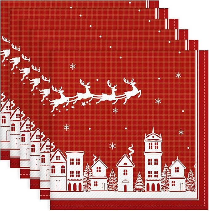 Christmas Deer Napkins, 18×18 Inch Santa Dinner Cloth Napkins Set of 6, Washable Cotton Soft Absorbent Square Napkins for Dining Kitchen Party Wedding Decoration