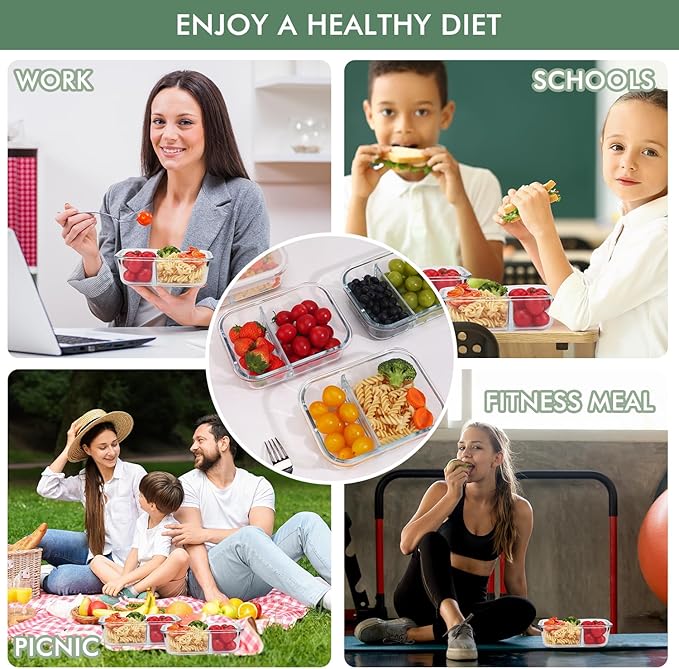 5-Pack Glass Storage Containers,Glass Food Container with Lid,Lunch Box,Bento Box,Storage Box,Meal Prep Containers,Lunch Containers,Fruit Preservation Boxes,Two-partition-White