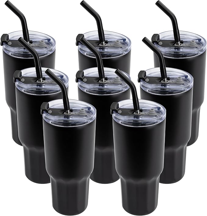 VEGOND 30 oz Insulated Stainless Steel Tumblers with lid and straw Bulk Pack Double Wall Vacuum Coffee Mug with Non-Slip Silicone Base, Sweat Proof Powder Coated Cup for Hot Cold Drinks, Black 8Pack