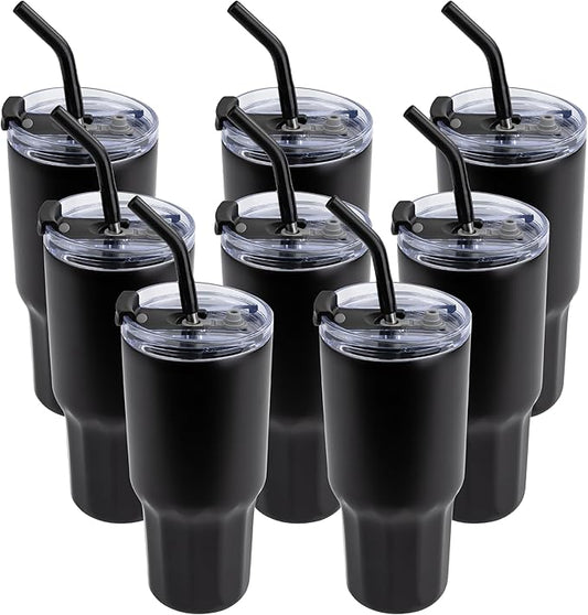 VEGOND 30 oz Insulated Stainless Steel Tumblers with lid and straw Bulk Pack Double Wall Vacuum Coffee Mug with Non-Slip Silicone Base, Sweat Proof Powder Coated Cup for Hot Cold Drinks, Black 8Pack