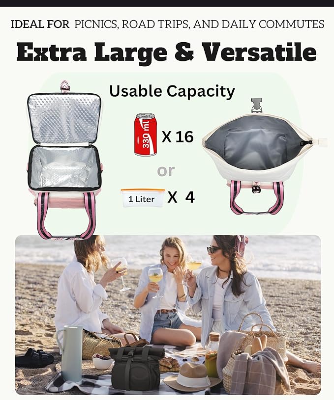 SUNNY BIRD Dual Compartment Lunch Bag Insulated Lunch Box for Women and Men (White and pink)