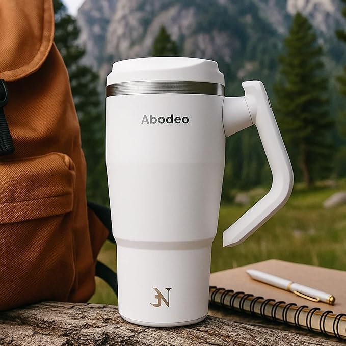 40 oz Insulated Coffee Tumbler with 360° Rotating Handle – Stainless Steel Travel Mug with Straw & Leakproof Lid– Fits Most Car Cup Holders, Hot & Cold Drinks (White)