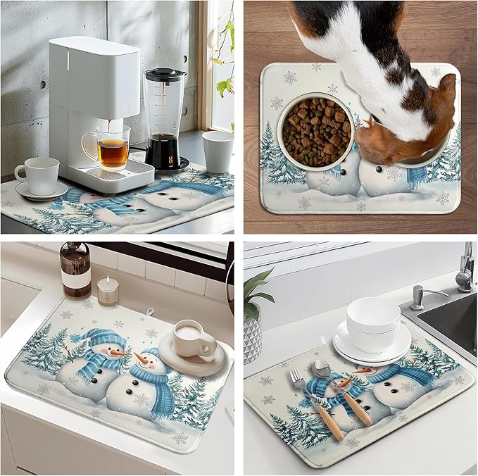 Winter Dish Drying Mat Winter Snowman Large Kitchen Mats Dish Drying Pad Blue Snowman Pine Tree Absorbent Dish Dryer Mat for Kitchen Countertops Microfiber Drainer Pad Dish Drying Mats (18x24 in)