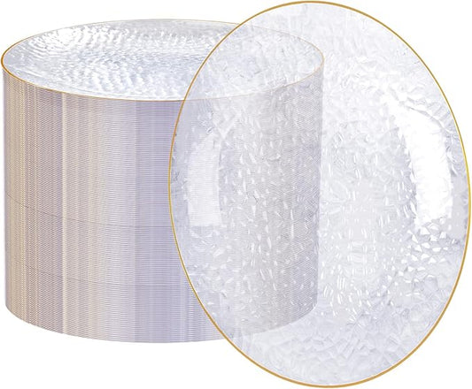 Rubtlamp 60 Pieces Gold Plastic Plates - 10 inch Clear Dinner Plates - Hammer Pattern Design - Fancy Clear and Gold Disposable Plates For All Occasions