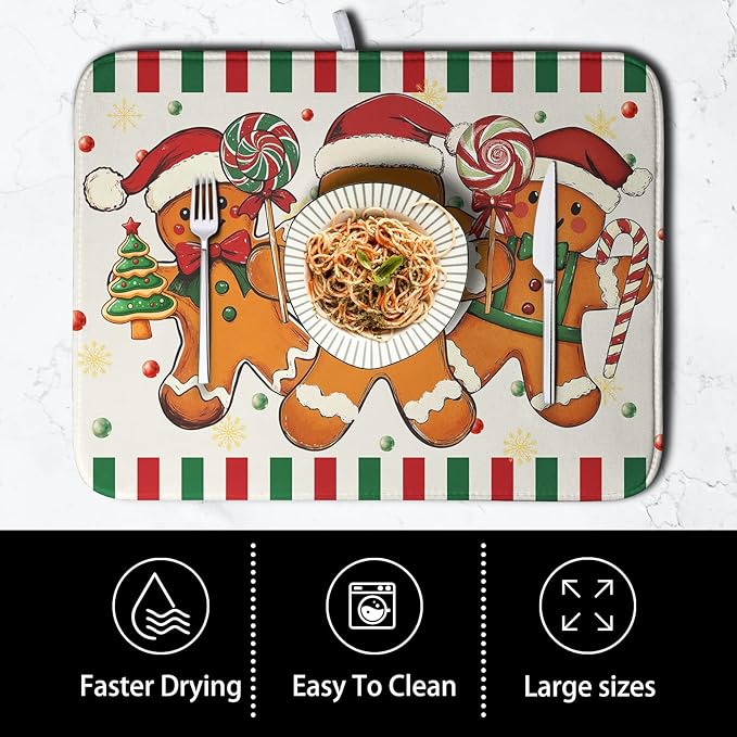 Christmas Dish Drying Mat Gingerbread Man Candy Cane Xmas Tree Drying Mats for Kitchen Counter Winter Holiday Dish Drainer Pad Absorbent Microfiber Dish Draining Mat 16x18 Inch