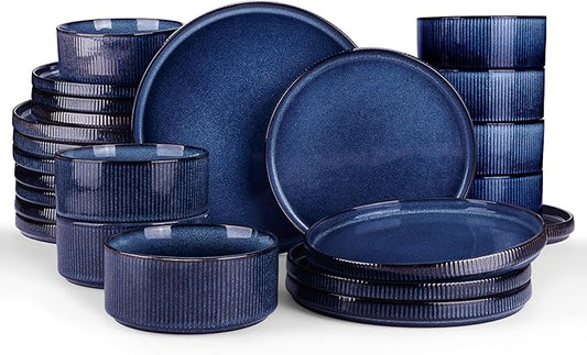 Famiware Star Plates and Bowls Sets, Modern Stoneware Dinnerware Sets for 8, 24-Piece Kitchen Dish Set - Microwave and Dishwasher Safe, Chip and Scratch Resistant, Nebulas Blue
