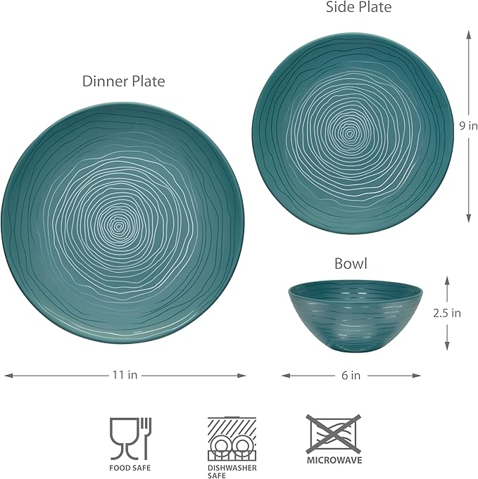 Bzyoo 12 Piece Melamine Dinnerware Set - Durable, Dishwasher Safe Plates and Bowls - Casual Dining, Parties, Blue Dish Set Organica Blue Collection