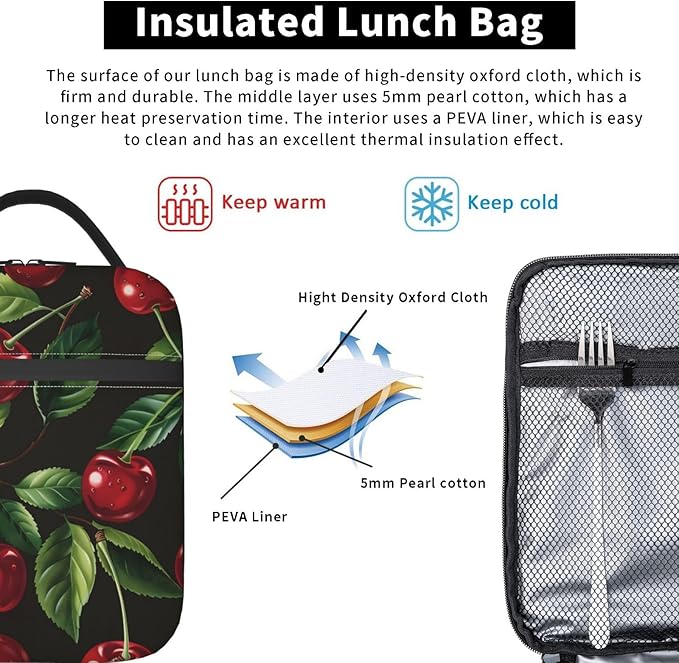 Sweet Cherry Lunch Box for Women Girls Kids, Insulated Cooler Vibrant Red Cherry Lunch Bag for School, Picnic, Office, Travel, Work, Portable Reusable Polyester Thermal Tote Lunch Bags