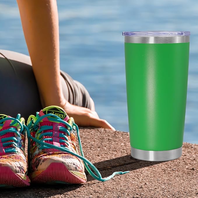20 oz Tumbler Coffee Tavel Tumblers Bulk with Lid Stainless Steel Double Wall Vacuum Insulated Mug Powder Coated Cups fit Car Cupholder for Hot and Cold - Green, 1Pack