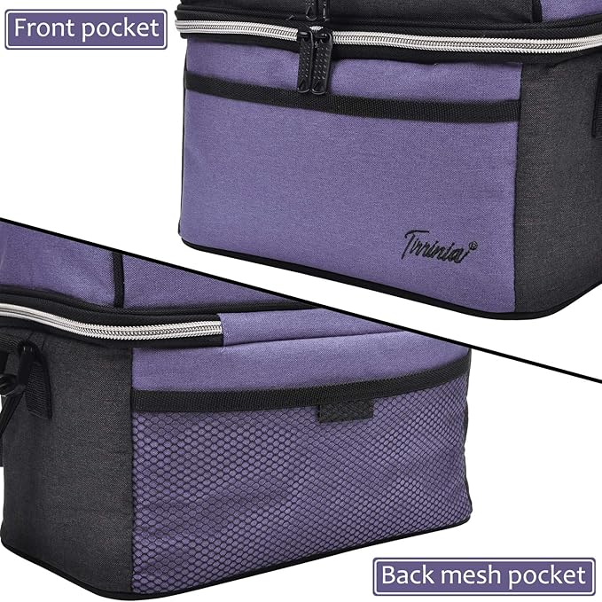 Tirrinia Reusable Lunch Box for Men Women, Insulated Lunch Bag Adult Work, Double Decker Leakproof Lunchbox for Office Picnic Beach—Dual Compartment Lunch Cooler Bag,Purple