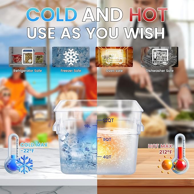 4 Pack Clear Food Storage Containers with Lids and Handles Polycarbonate Square Commercial Food Containers, NSF (12Qt)