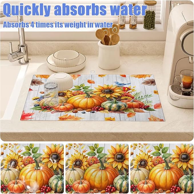 Sunflower Pumpkin Dish Drying Mat for Kitchen Counter drying Pad Absorbent Reversible Dish Drainer Rack Mats Draining Pad 18"x24"Inch
