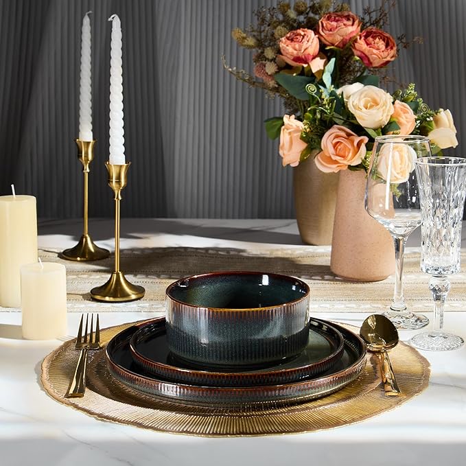 E-far 24-Piece Stoneware Dinnerware Sets, Plates and Bowls Sets for 8, Kitchen Modern Dinning Porcelain Dishes Set, Chip & Scratch Resistant, Dishwasher & Microwave Safe, Blackish Green