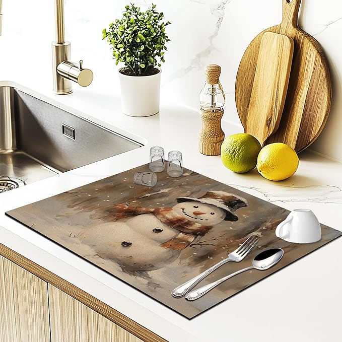 Winter Christmas Snowman Dish Drying Mat, Vintage Xmas Holiday Absorbent Dish Drainer Reusable Washable Drying Mat Pad for Kitchen Counter, Rustic Christmas Decor, 12×15 Inch